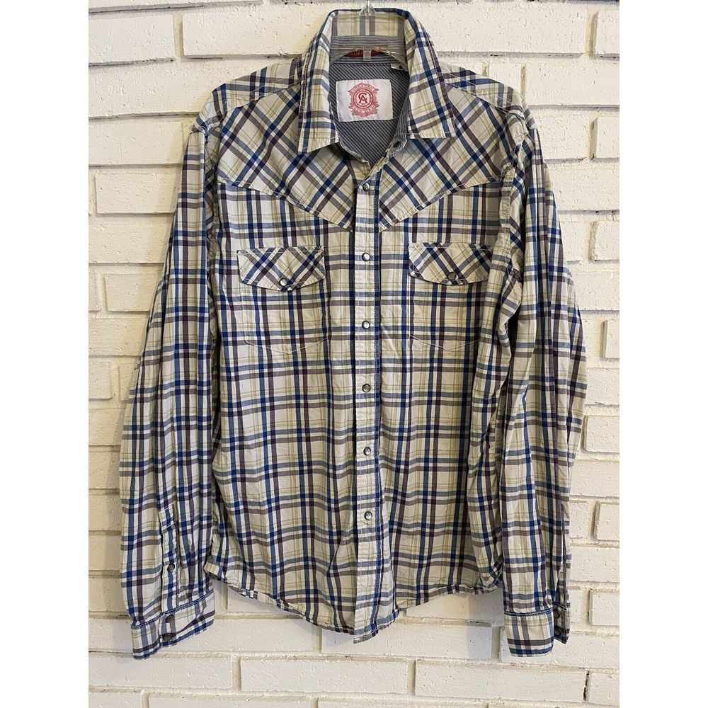 Christian Audigier Shirt size XL Pearl Snap Blue Tan Plaid‎ Long Sleeve Western